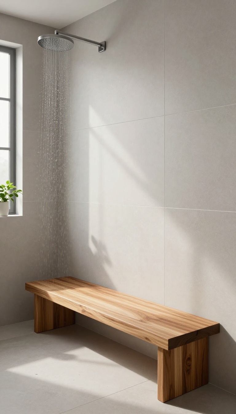 Floating teak bench in a modern walk-in shower with natural light