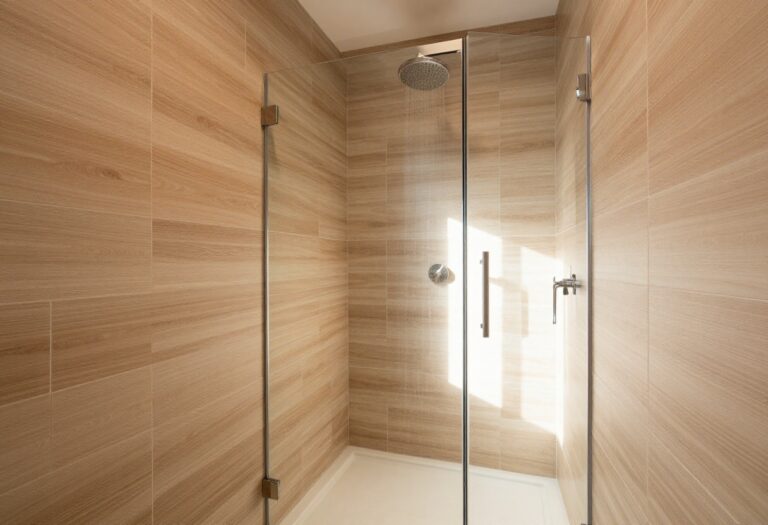 Modern shower with wood-look tile walls and floor, glass door, and rainfall showerhead