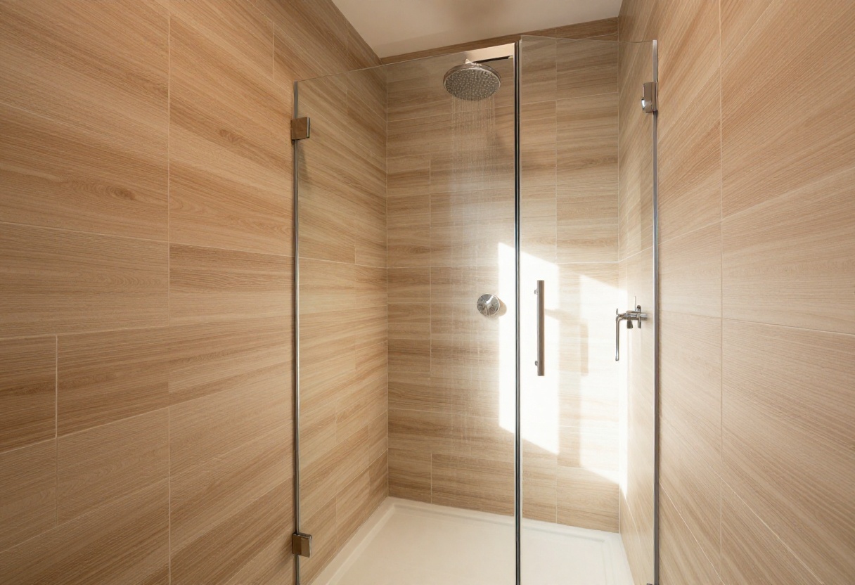 Modern shower with wood-look tile walls and floor, glass door, and rainfall showerhead