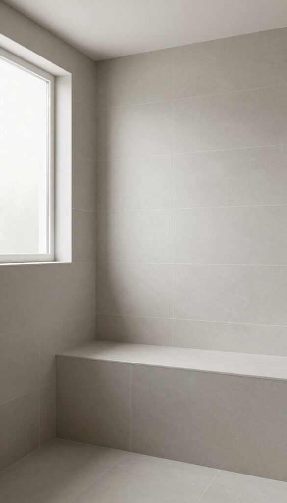 Modern shower with vertical stacked tiles and a matching floating seat