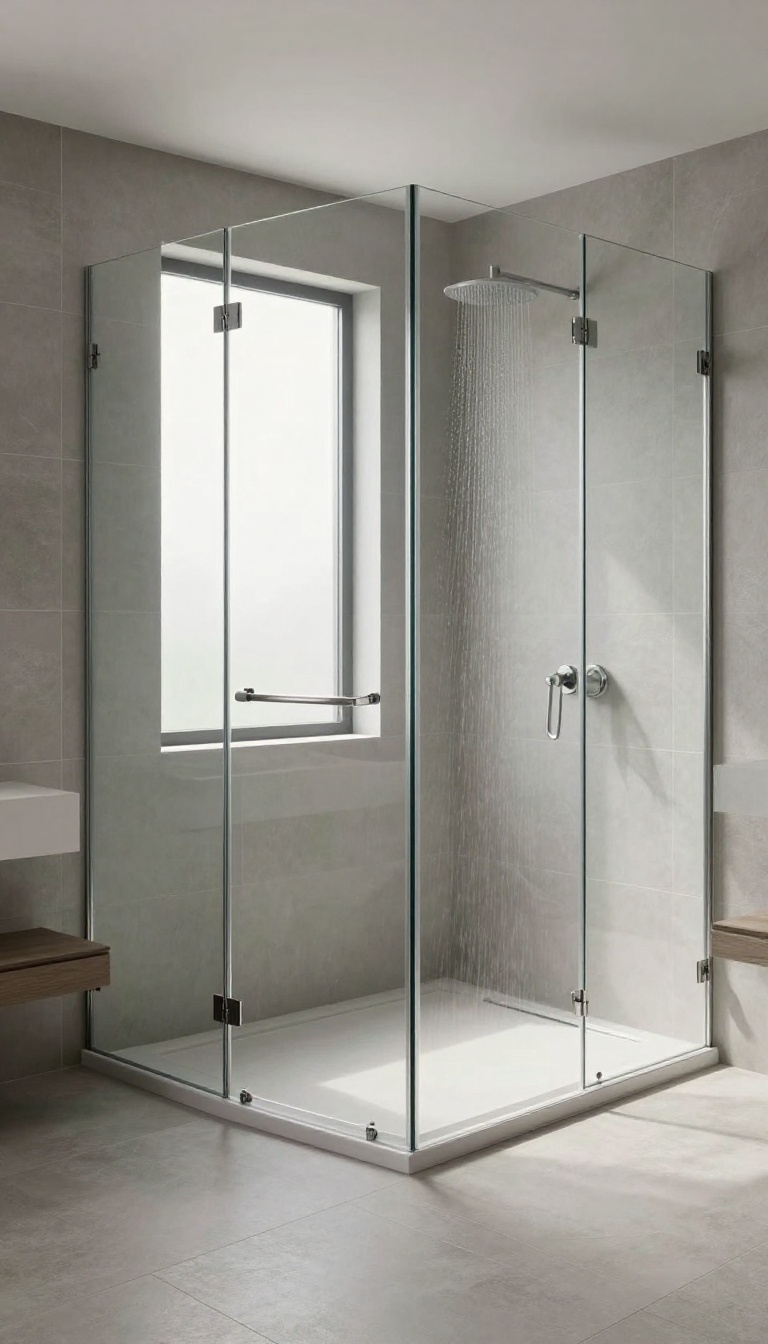 Modern bathroom with a frameless glass shower enclosure, showing clear glass panels and minimal hardware, with natural light and elegant tile work.