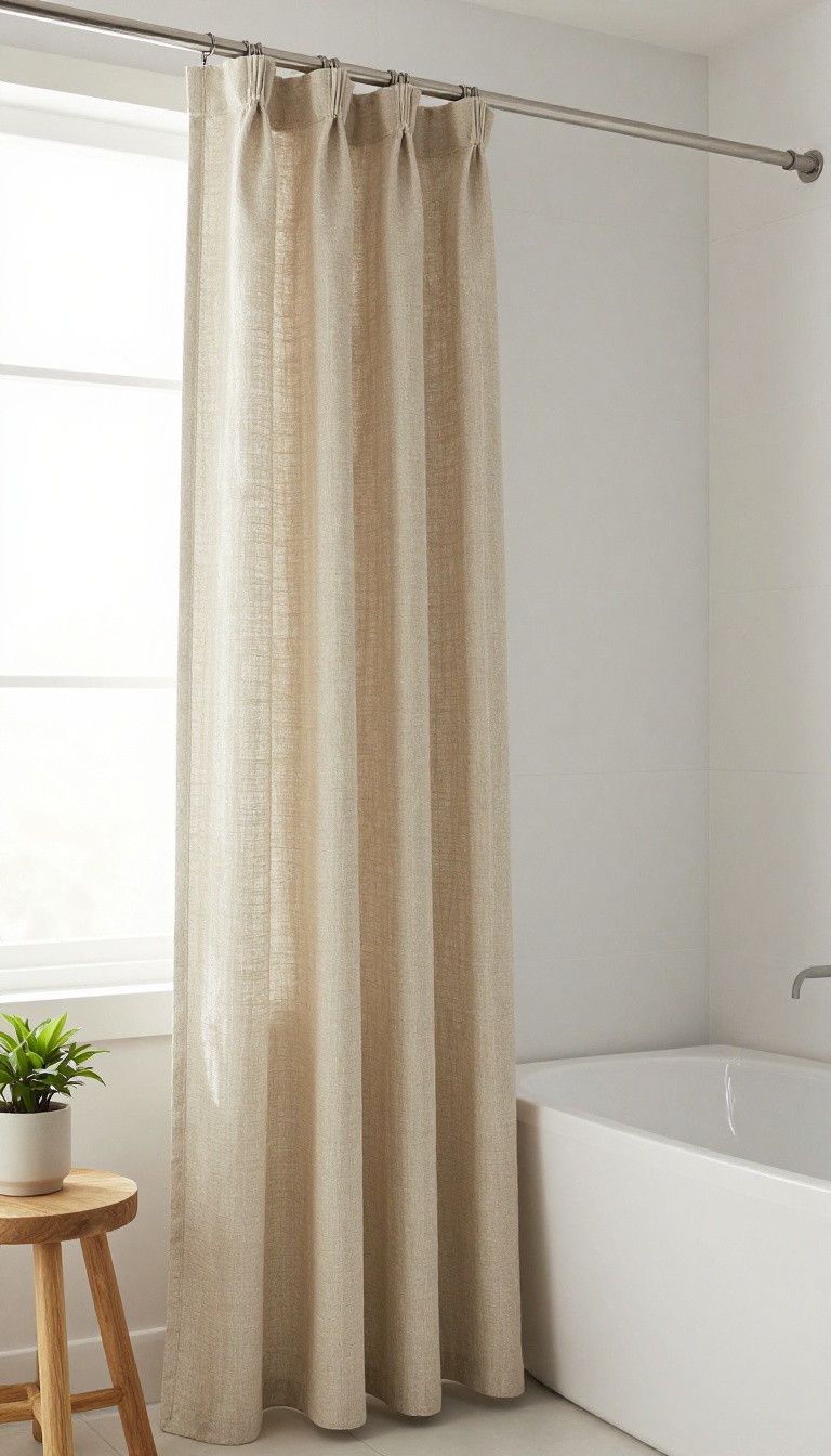 Tall linen shower curtain draping elegantly in a bright, modern bathroom with natural light.