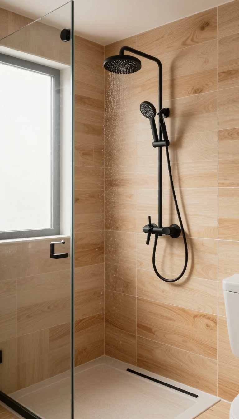 Wood tile shower with matte black fixtures in a bright, modern bathroom