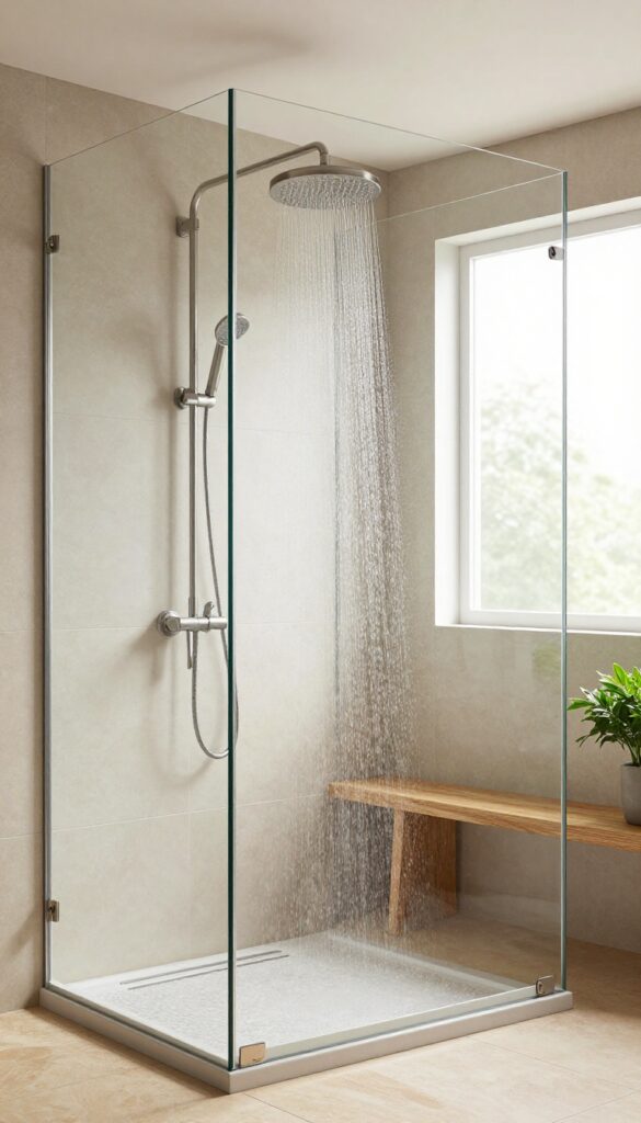 Luxurious enclosed shower with a rainfall showerhead, glass enclosure, pebble floor, and teak bench in a bright, spa-like bathroom.