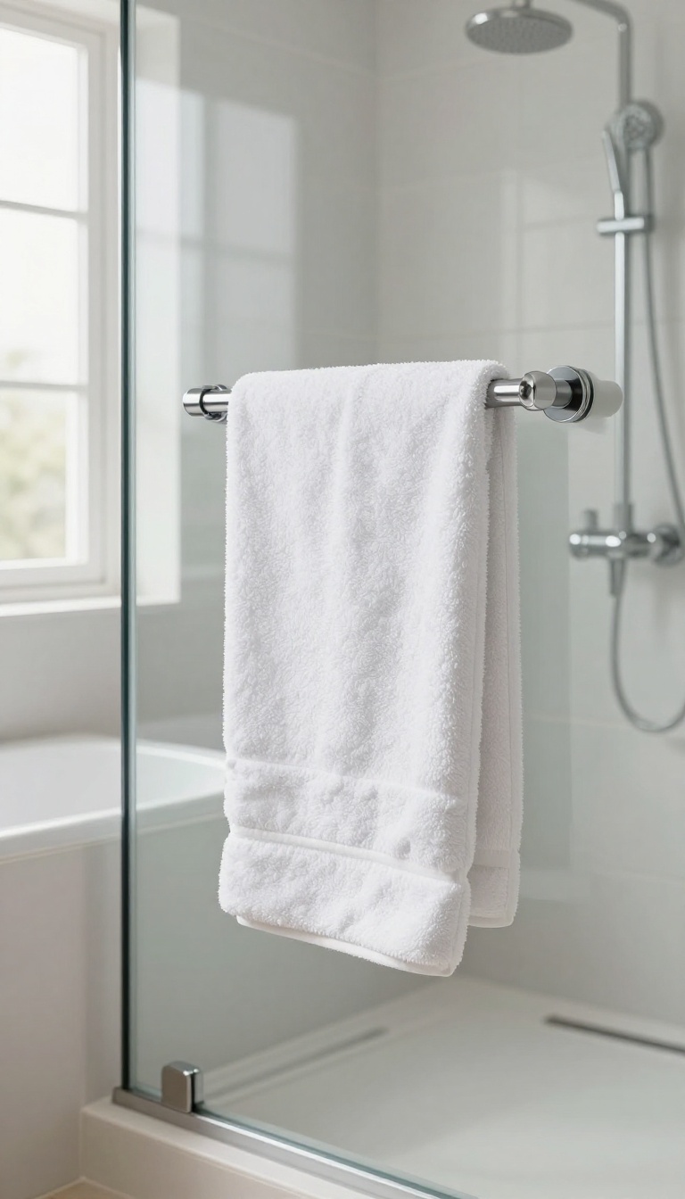 Modern bathroom with shower-over-bath and a heated towel rail holding a fluffy white towel, bathed in natural light.