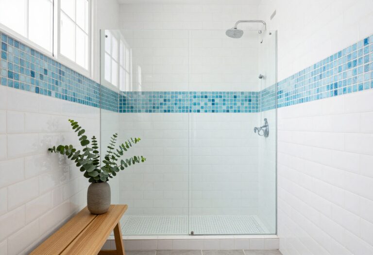 Coastal shower with white subway tile and blue glass mosaic accent