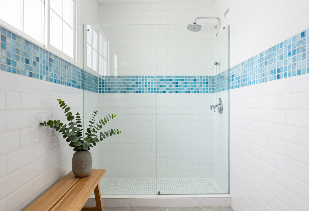 Coastal shower with white subway tile and blue glass mosaic accent