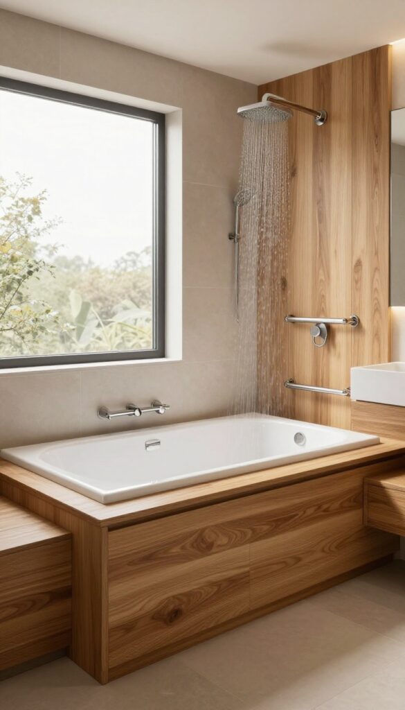 Modern walk-in tub with bench seat in a bright, cozy bathroom