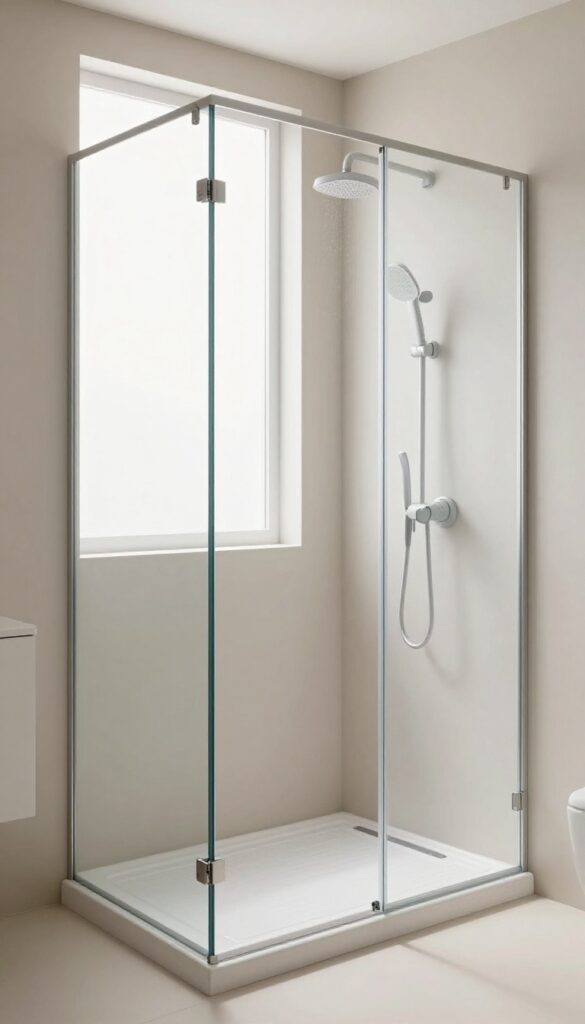 Modern walk-in shower with a built-in seat integrated into the tray, seamless design, bright natural light