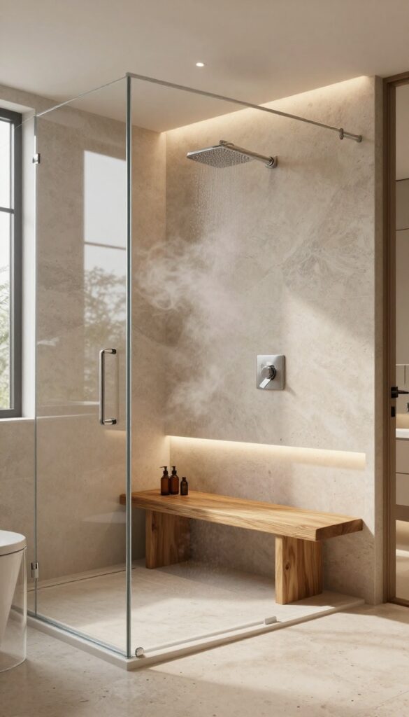 Luxurious steam shower with teak bench, rainfall showerhead, and soft lighting in a modern bathroom