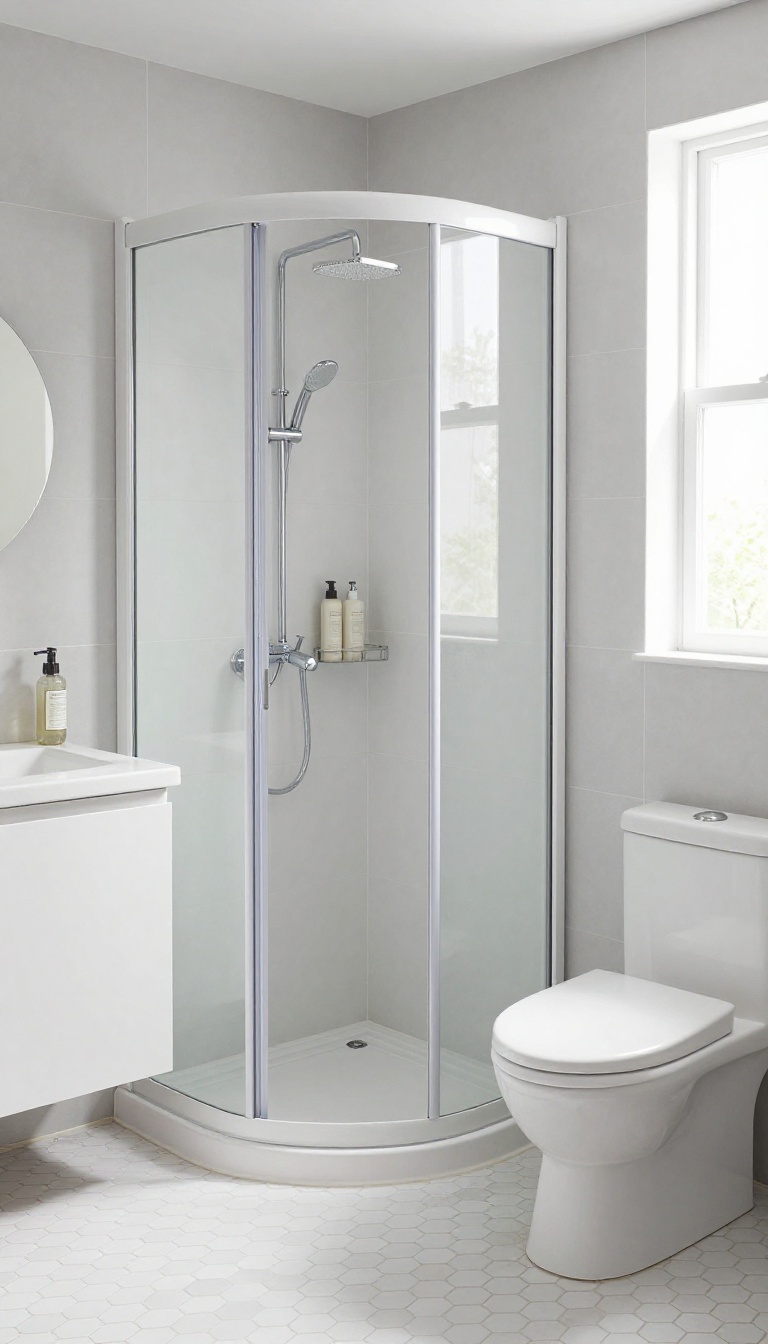 Small bathroom with a corner shower unit with sliding glass door and storage caddy, bright and clean