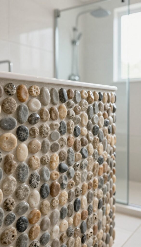 Natural stone pebble mosaic shower curb in a bright, modern bathroom