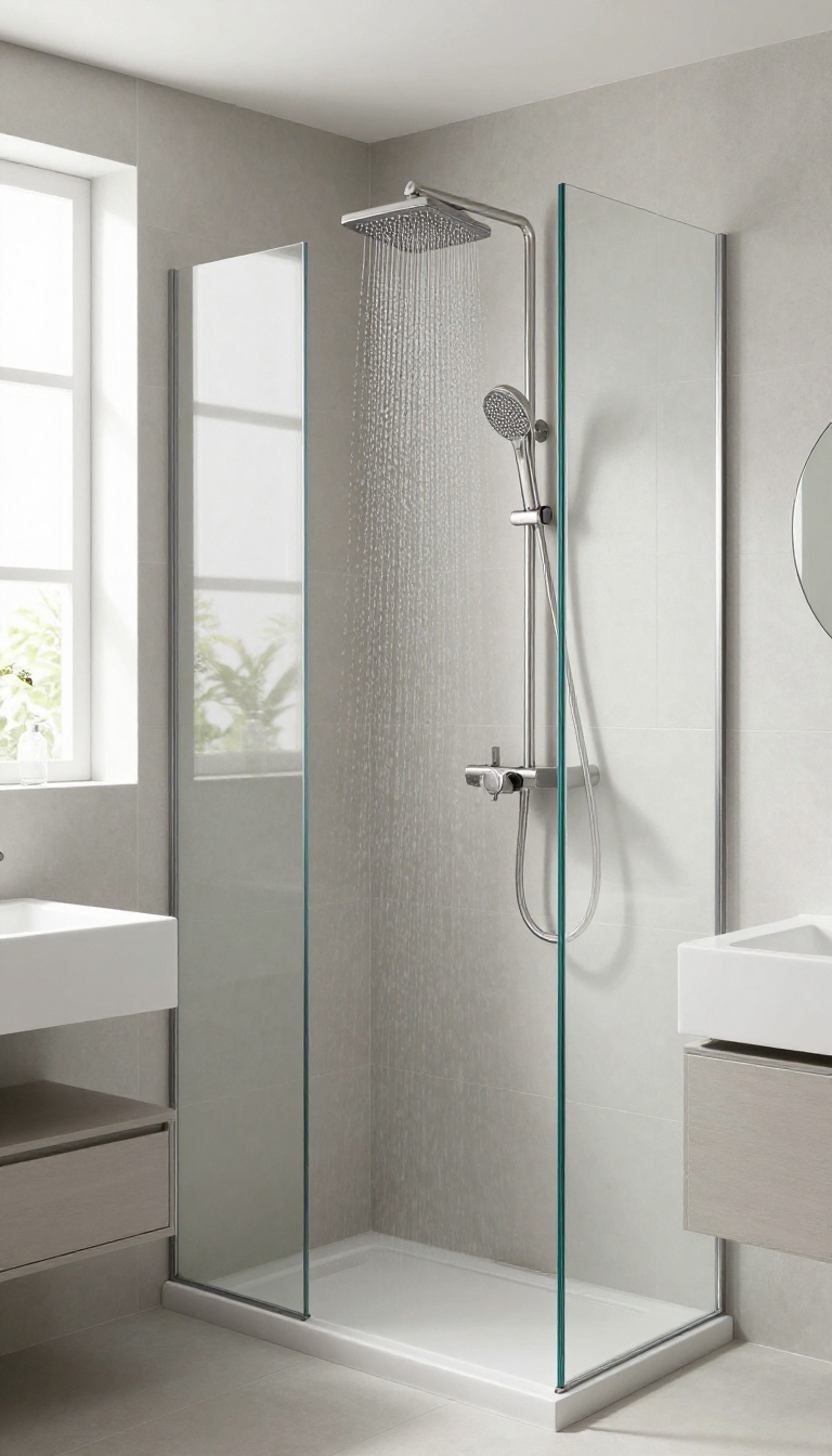 Compact modern bathroom with a sleek shower tower panel featuring rainfall showerhead, handheld sprayer, and body jets, mounted on tiled wall in bright natural light.