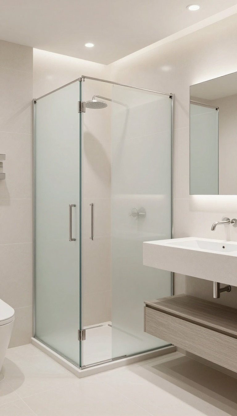 Modern stand-up shower with a built-in stone bench, bathed in natural light