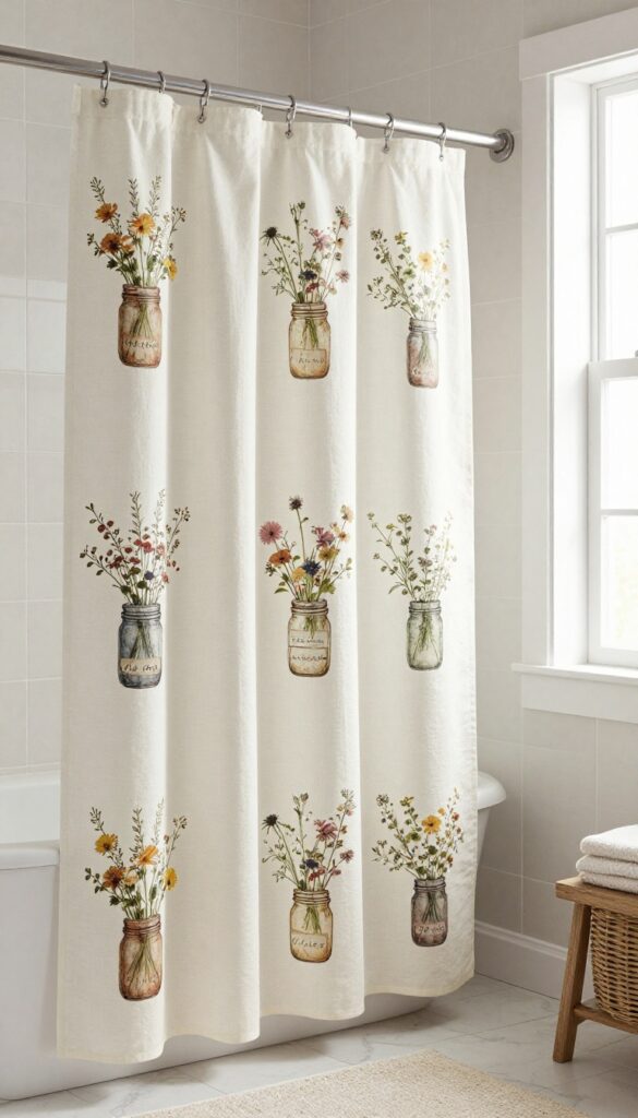 A rustic shower curtain with farmhouse motifs of mason jars and wildflowers in a bright, neutral bathroom.