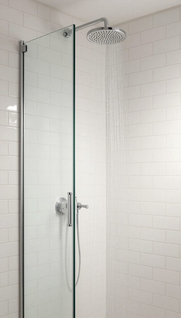 Modern walk-in shower with vertical stacked white subway tiles