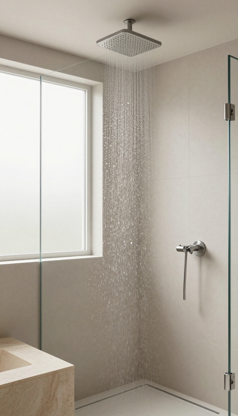 Modern bathroom shower with a ceiling-mounted rainfall showerhead and water cascading down, creating a spa-like ambiance.