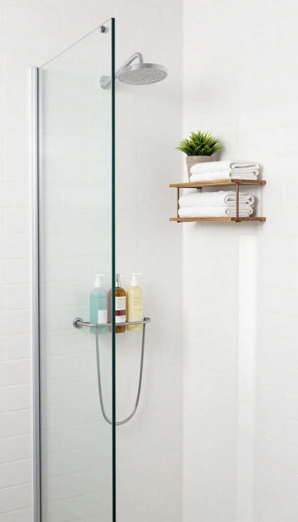 Small stand-up shower with vertical storage using a corner caddy and floating teak shelves