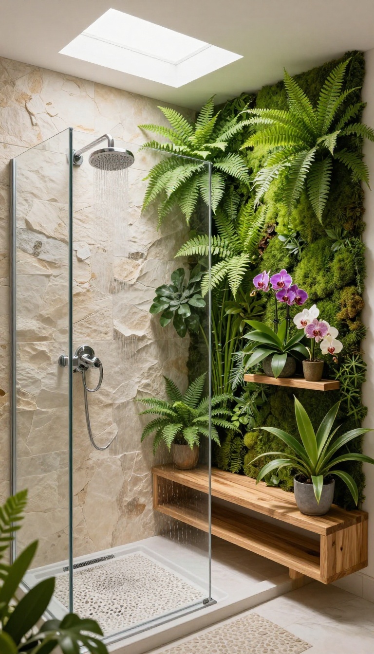 Open walk-in shower with lush greenery and a living wall, creating a spa-like outdoor-inspired bathroom