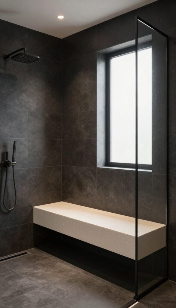 Dark and moody shower with charcoal tiles and a light floating seat, illuminated by recessed lighting