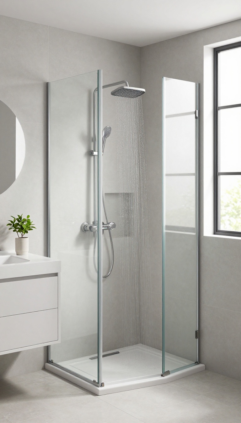Corner shower with pivot door in a bright, modern bathroom