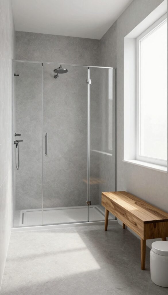 Matte grey hexagon tiles in a bright shower with warm wood accents