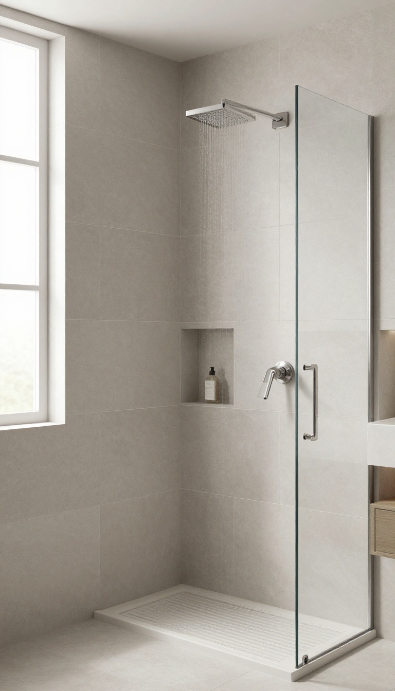 Modern shower with large-format tiles and minimal grout lines, creating a seamless spa-like look.