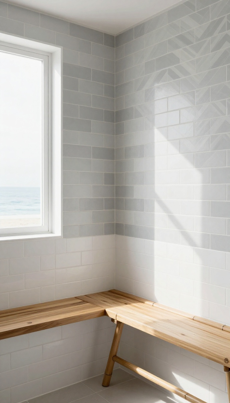 Soft gray and white chevron tile shower accent wall with teak bench and natural light