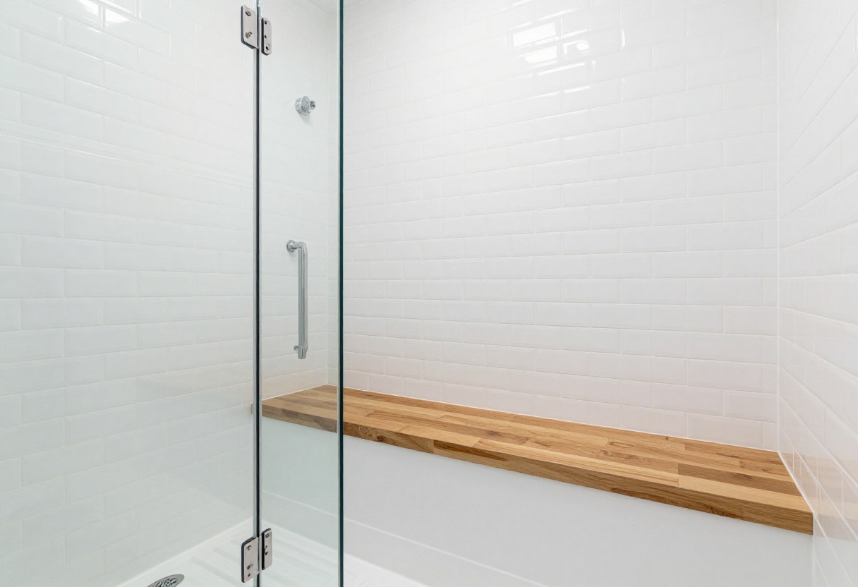 Modern tile shower with a teak wood seat and white subway tile