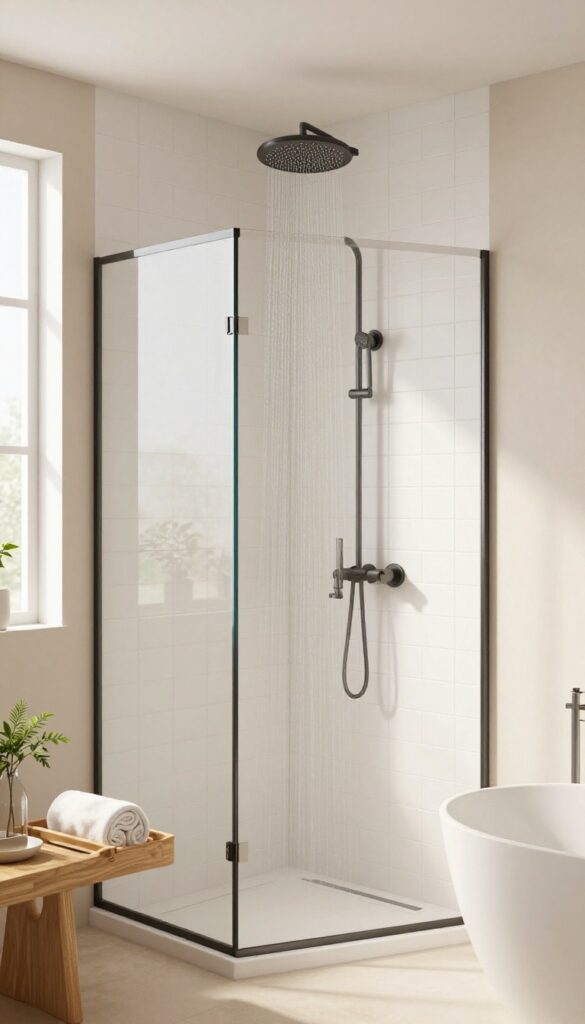 Modern bathroom with a bathtub-shower combo featuring dual shower heads in matte black, one rain head and one handheld, with a freestanding tub and natural light.