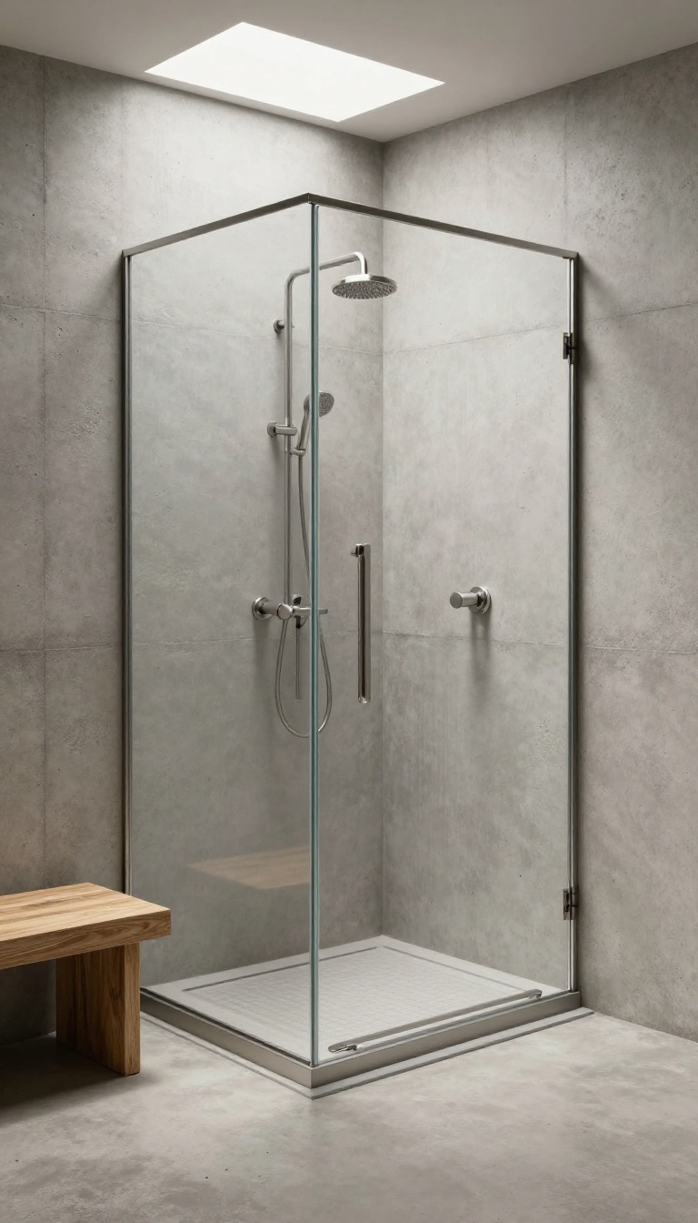 Open walk-in shower with raw concrete walls and wooden bench in industrial style