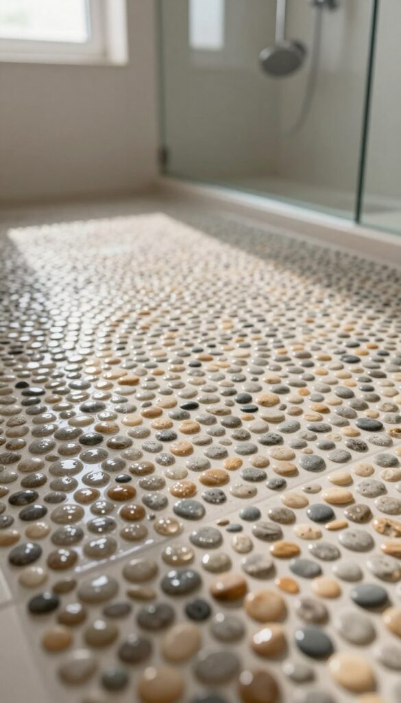 Pebble mosaic shower floor with contrasting light gray grout in a modern bathroom