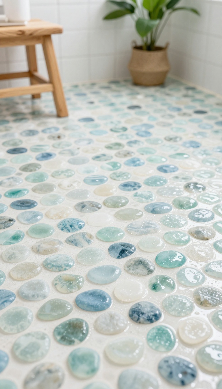 Sea glass pebble shower floor with soft blue, green, and white stones, natural light, wooden stool and plant in background