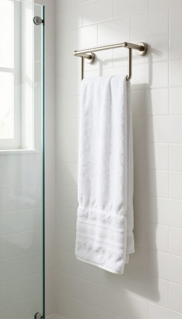 Slim vertical heated towel rack next to a small stand-up shower in a bright bathroom