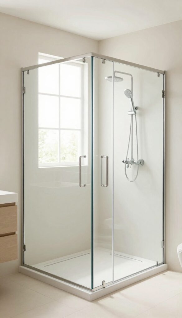 Wide open shower doorway with glass enclosure and bench for easy access