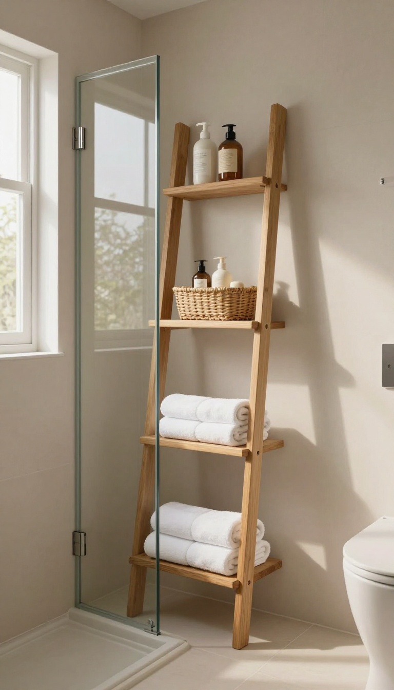 Teak ladder shelf with rolled towels and baskets near a walk-in shower in a warm, spa-like bathroom.
