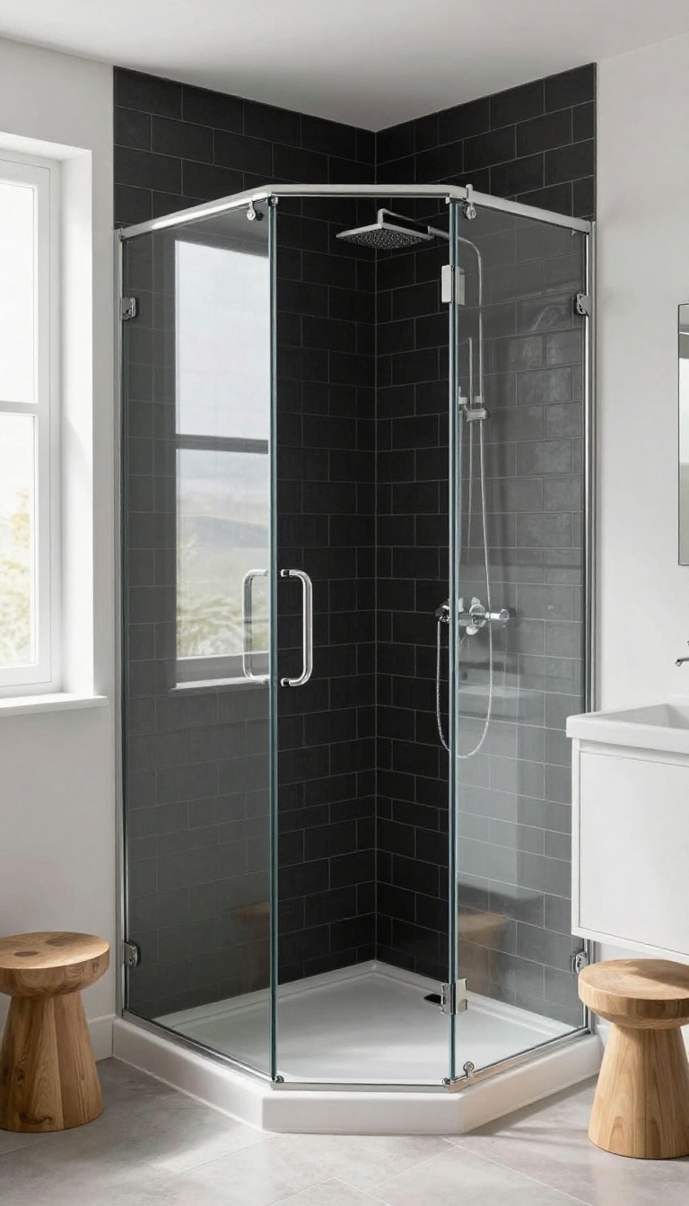 Black tile shower with frameless glass panel in a bright, modern bathroom