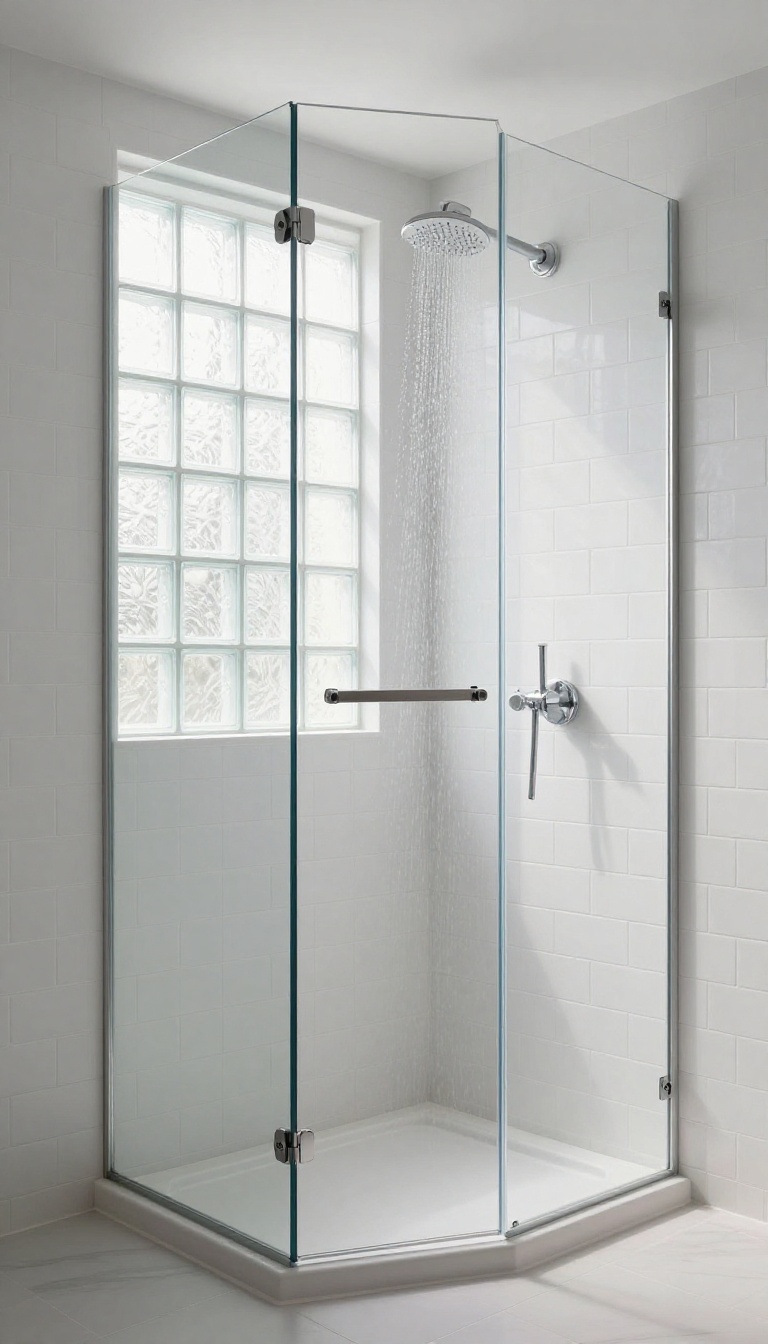 Small walk-in shower with a glass block window letting in soft natural light, featuring clean white tiles and a modern rainfall showerhead.