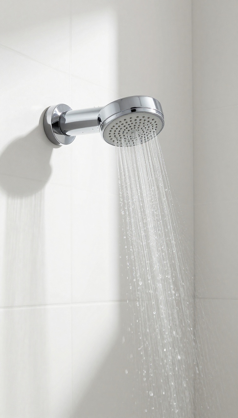 Modern showerhead with a clear water filter attached, spraying water in a bright tiled bathroom