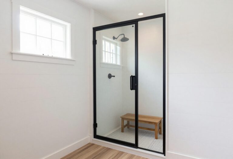 Farmhouse walk-in shower with shiplap walls, wood-look tile, and black-framed glass door