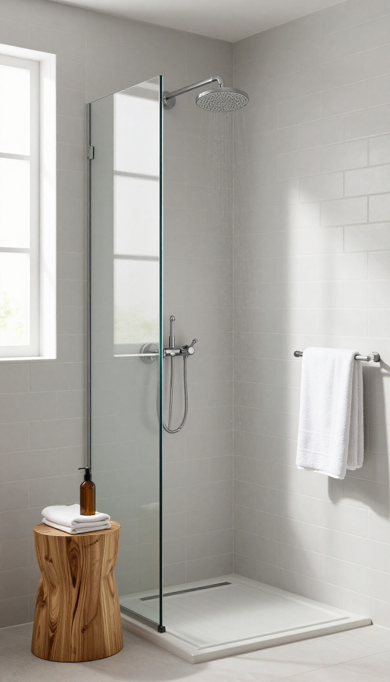 Small bathroom shower with a teak wood stool inside, holding toiletries, in a bright, modern setting