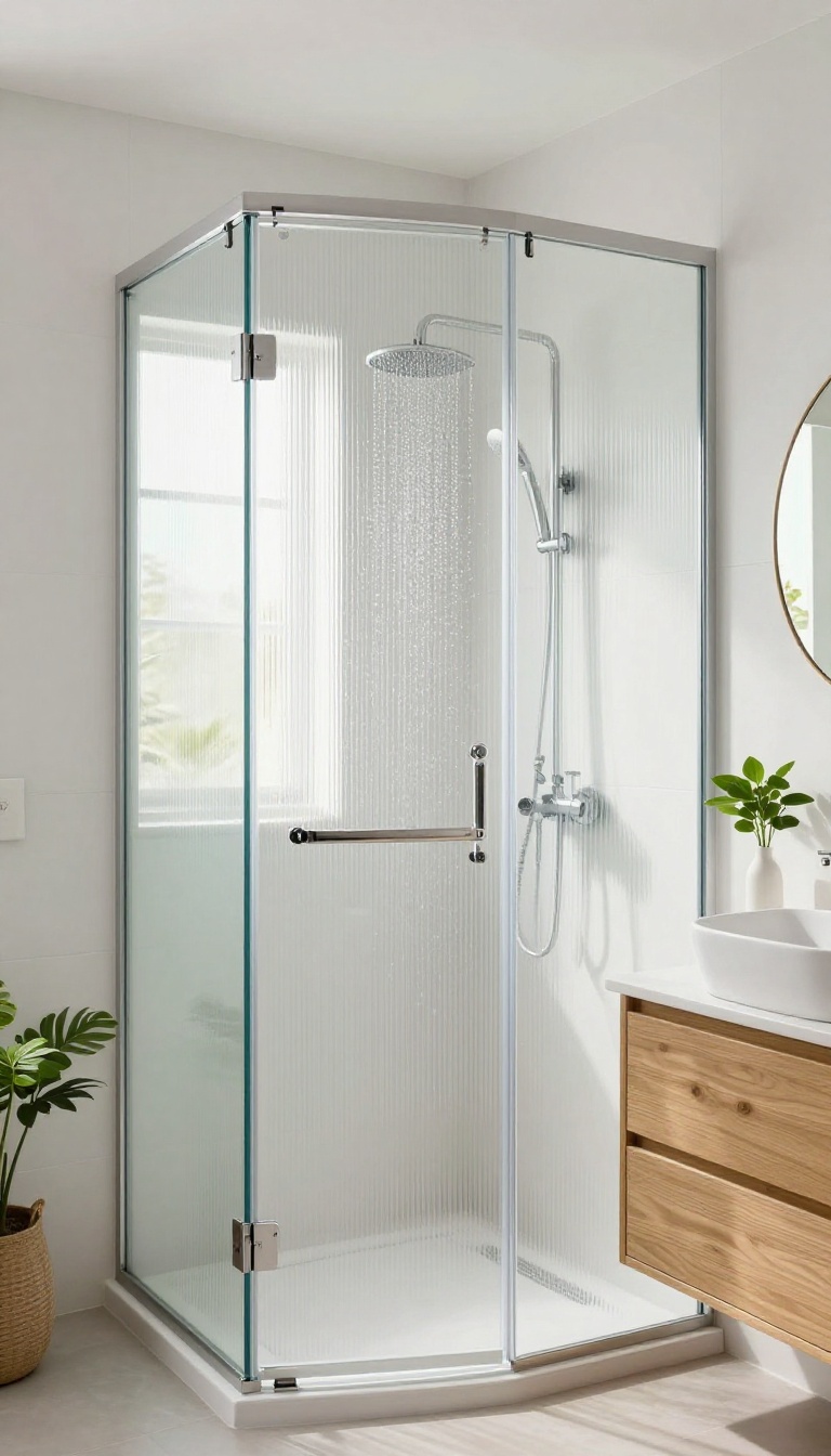 Frameless glass shower with textured ribbed glass for privacy and diffused light in a bright, modern bathroom