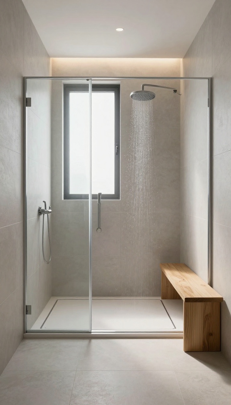 Small walk-in shower with radiant heated floor, modern minimalist design, warm glow between tiles, natural light