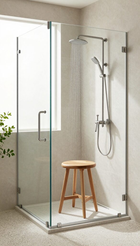 A teak wood shower stool in a bright, modern bathroom