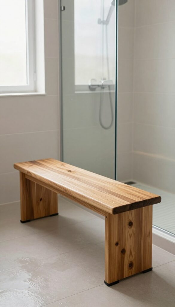 A sturdy teak shower bench with adjustable legs and non-slip feet placed inside a bright, modern walk-in shower.