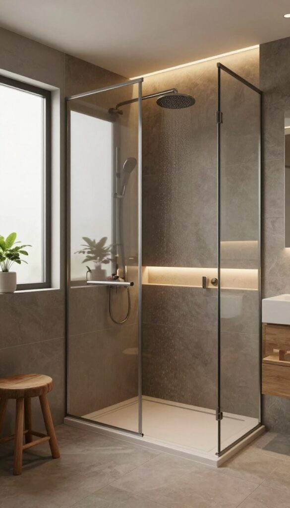 Modern dark tiled shower with warm LED lighting and natural accents