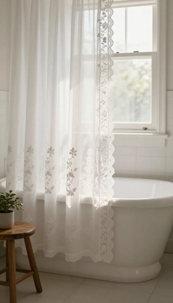 White embroidered shower curtain with floral details and lace trim in a bright, elegant bathroom.