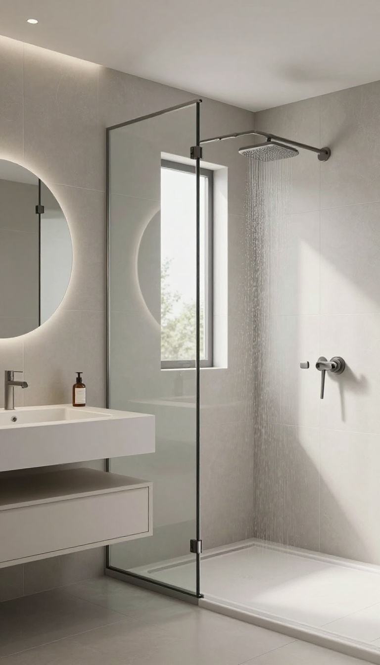 Small walk-in shower with a pocket door sliding into the wall, showing space-saving design in a bright, modern bathroom.