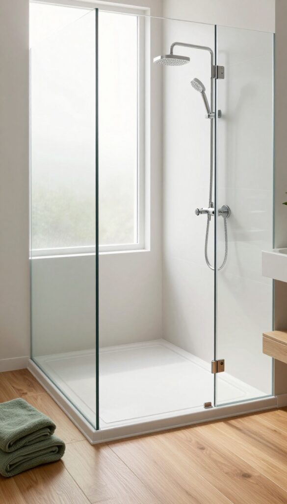 Modern bathroom with a low-threshold shower pan and beveled edge, showcasing a subtle step for safer walking.
