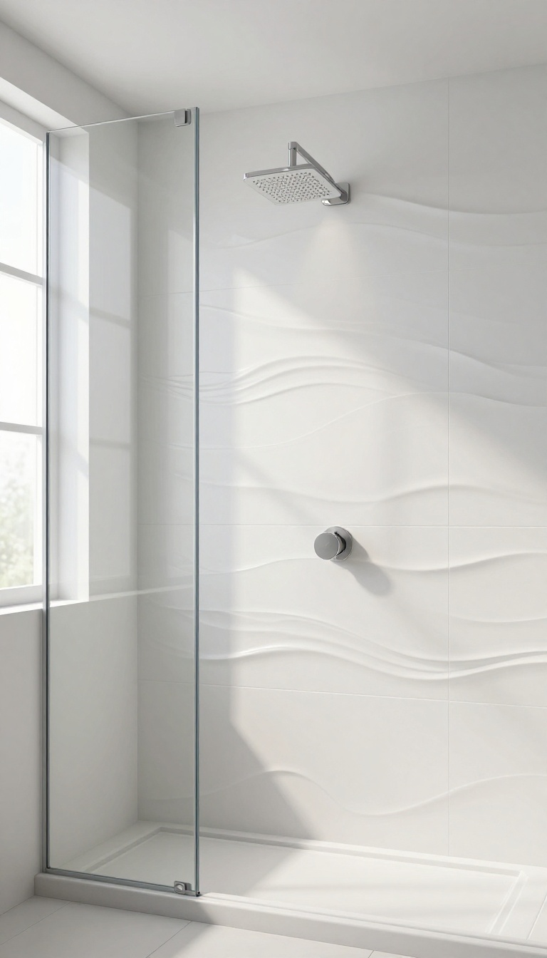 Luxury walk-in shower with white textured 3D wave tiles and soft natural light